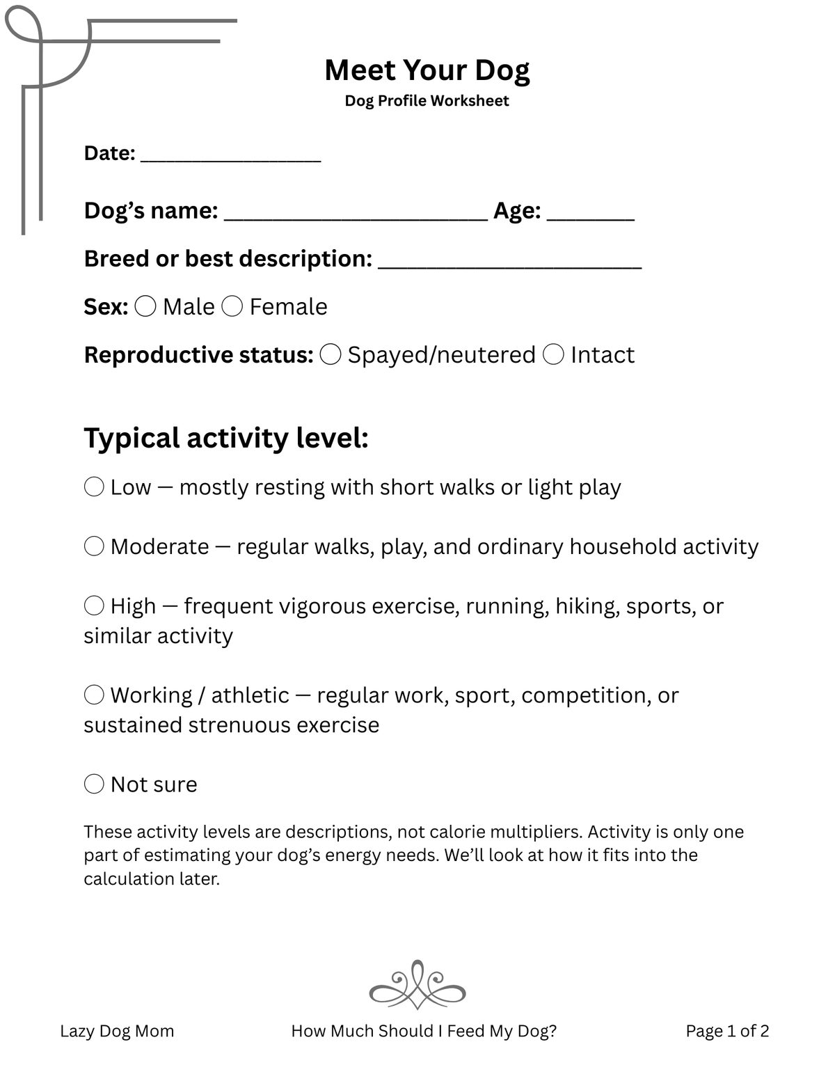 Meet Your Dog free dog feeding worksheet