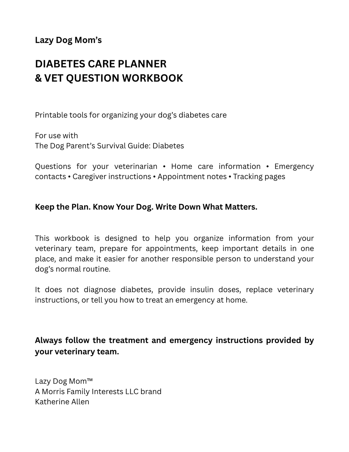 Dog diabetes care planner and vet question workbook printable