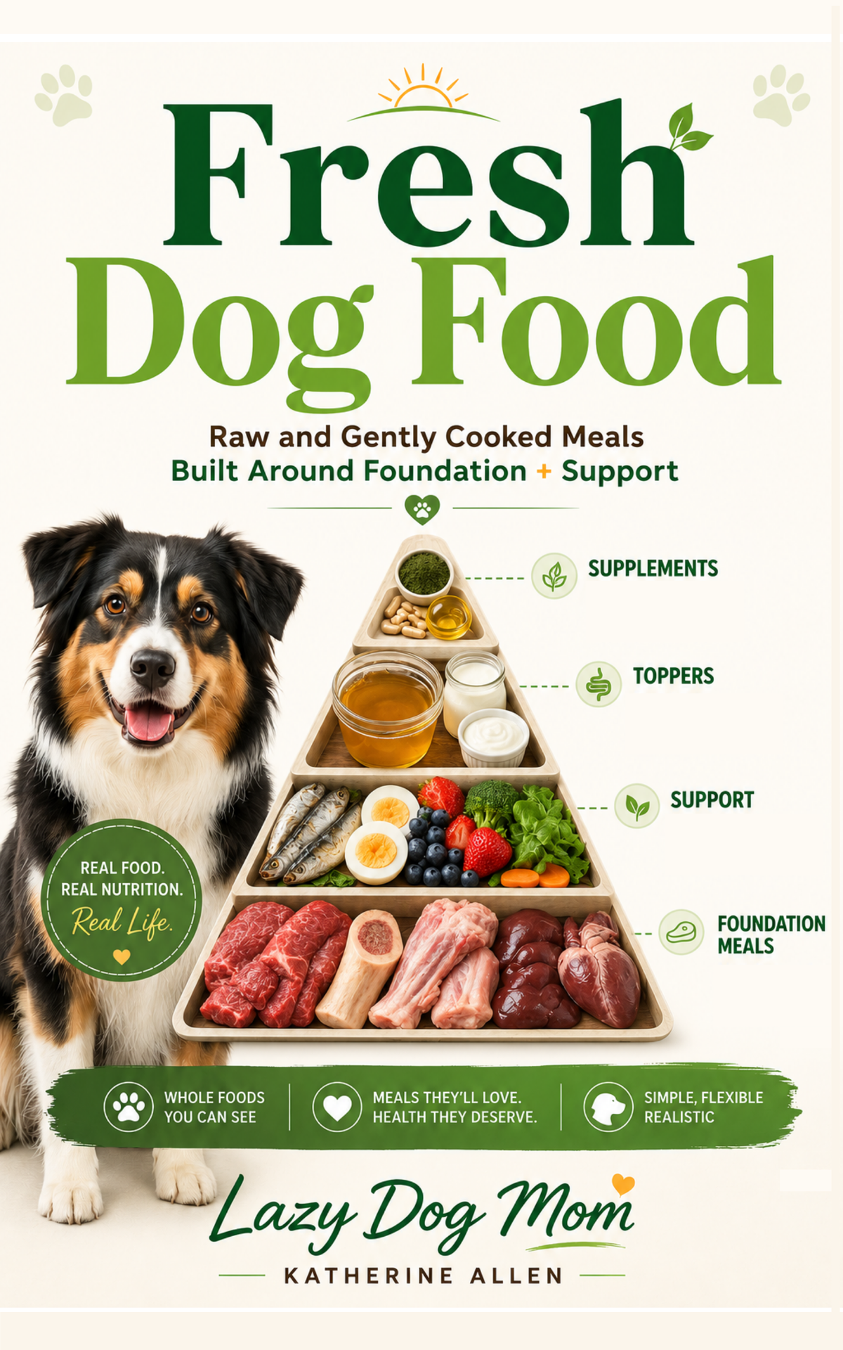 Fresh Dog Food book by Lazy Dog Mom, a no-BS guide to raw and gently cooked meals